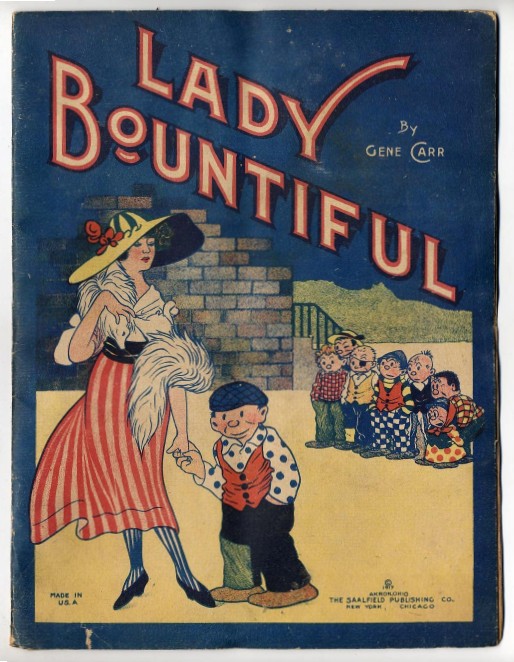 Book cover for Lady Bountiful by Gene Carr. A cartoon image of a young well dressed upper class women with a white fox stole holds hands with a young street urchin in patched up trousers. A gang of street urchins stand behind in colourful clothes.