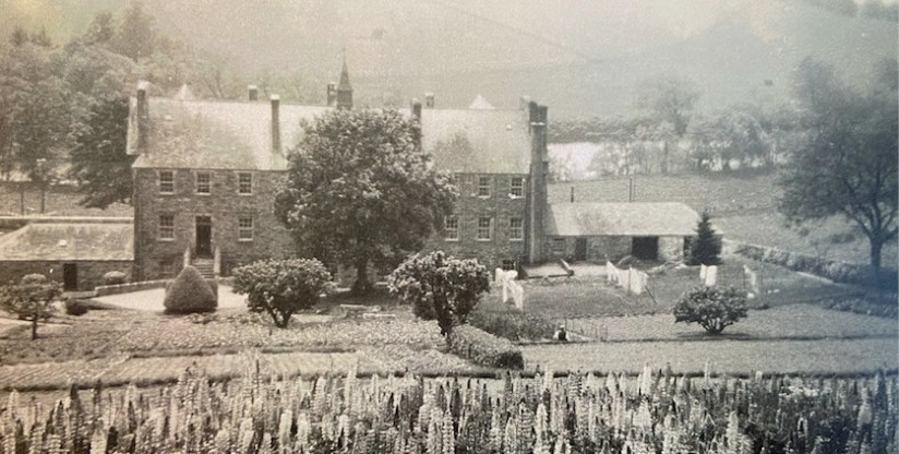 Logierait Poorhouse building from the back. A large tree stands central to the building with small outbuildings to the left and right. There is a washing green to the right with washing hung out, planted vegetable patch in the near ground and nearest to the camera a patch of lupins.